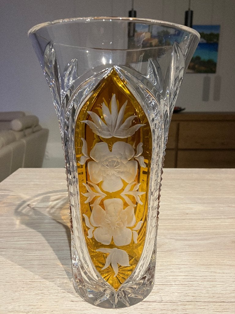 Hoogwaardige Kristallen Amberkleurige Grote Vaas, Ophalen of Verzenden