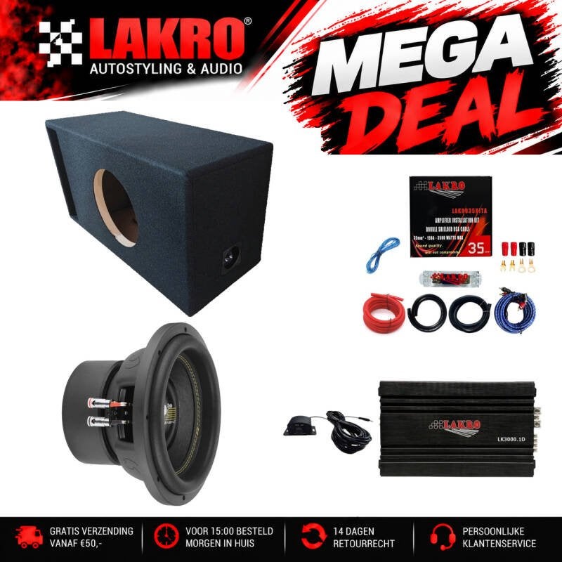 10 inch Pack 15 - LAKRO - subwooferpakket - 1000 watt RMS, Niet ingevuld, Niet ingevuld, Niet ingevuld
