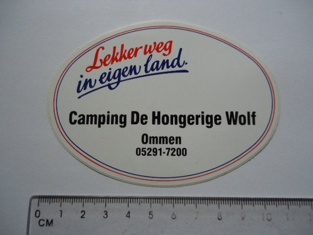 sticker oud OMMEN Camping Hongerige WOLF camper caravan, Verzenden, Zo goed als nieuw, Bedrijf of Vereniging