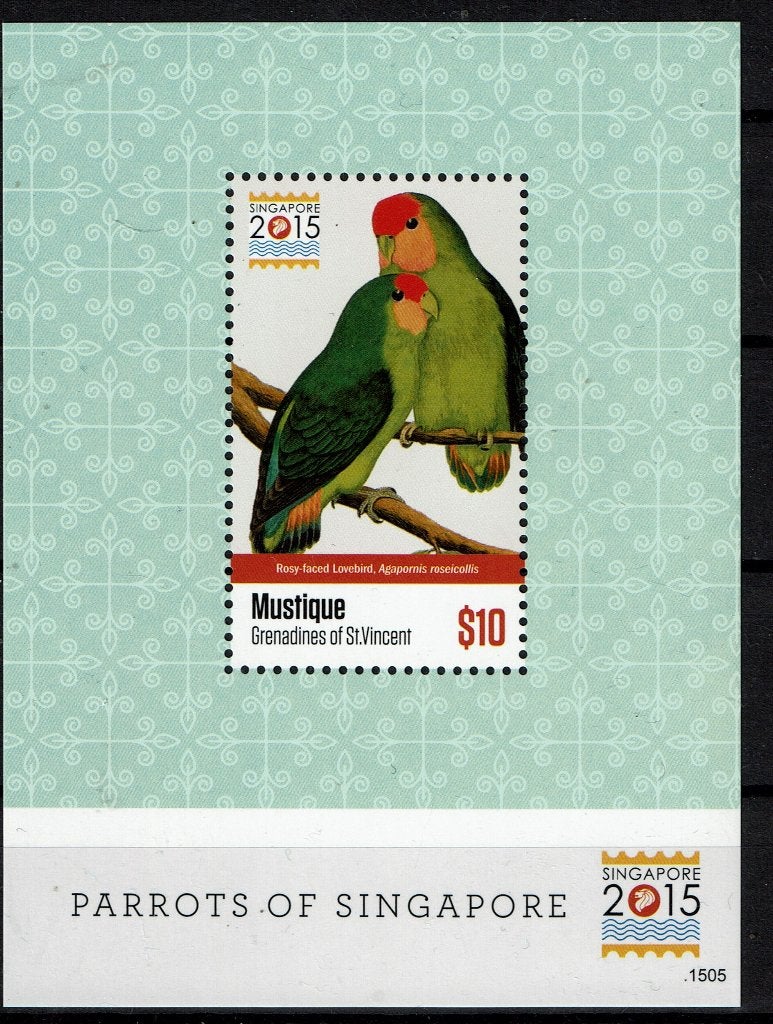 mustique 205 pf blok papegaaien vogels birds parrots  2, Ophalen of Verzenden, Postfris, Dier of Natuur