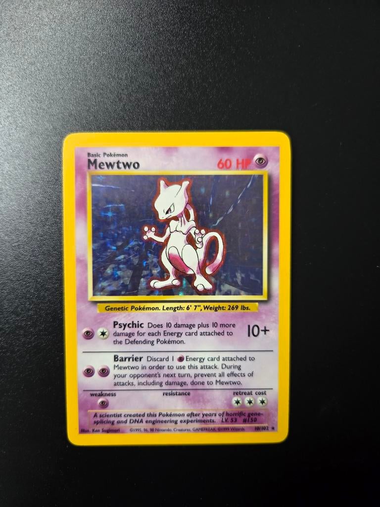 Mewtwo 10/102 Pokemon Base holo, Ophalen of Verzenden, Zo goed als nieuw, Booster, Foil