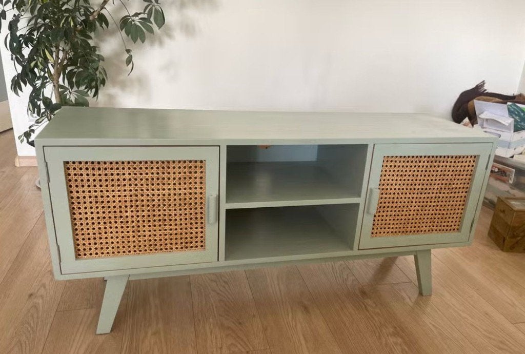 GEZOCHT! tv meubel rotan groen salie, Ophalen, Gebruikt, 100 tot 150 cm, Minder dan 100 cm