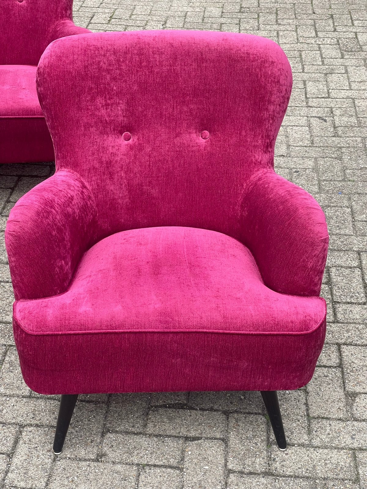 Vintage design jaren 50 fauteuil in felroze fluweel, Ophalen, Gebruikt, Minder dan 75 cm, Stof