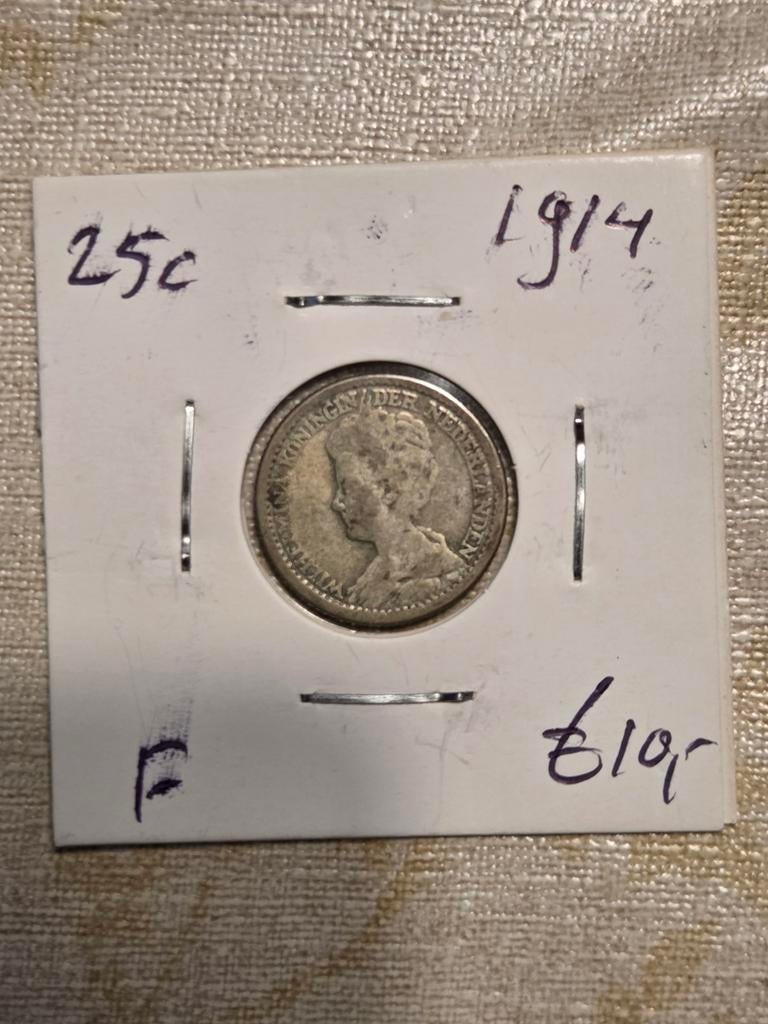 Zilveren 25 cent munt Koningin Wilhelmina 1914, Postzegels en Munten, Munten | Nederland, Zilver, 25 cent, Ophalen of Verzenden