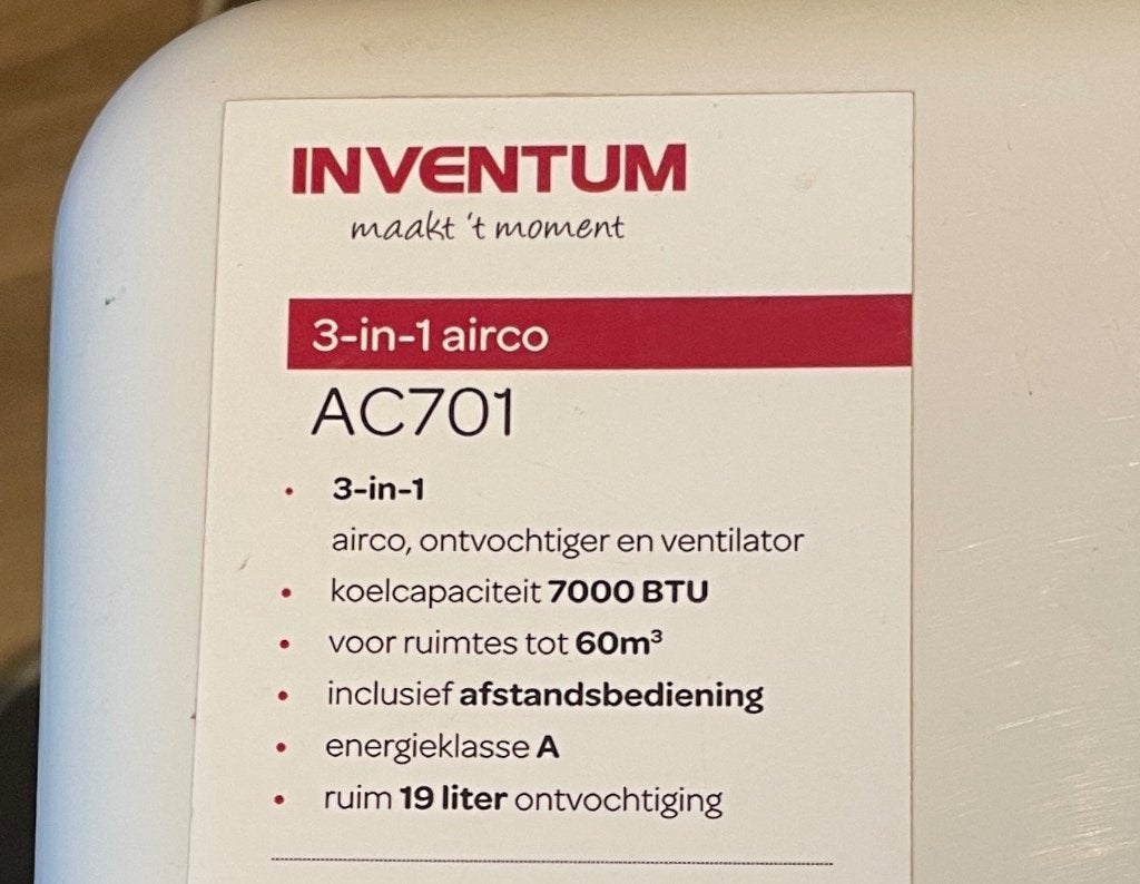 Inventum 3 in 1 airco, Ophalen, 3 snelheden of meer, Zo goed als nieuw, Energieklasse A of zuiniger