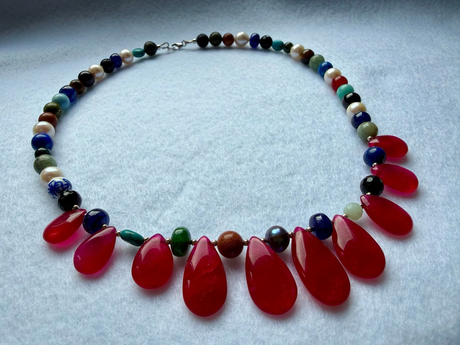 Ketting met diverse edelstenen en parels - 46cm, Gebruikt, Overige kleuren, Ophalen of Verzenden, Steen of Mineraal