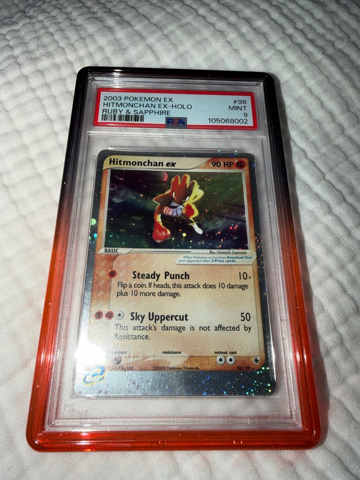 Hitmonchan ex - Ruby & Sapphire 98/109 PSA 9 Mint, Ophalen of Verzenden, Zo goed als nieuw, Losse kaart
