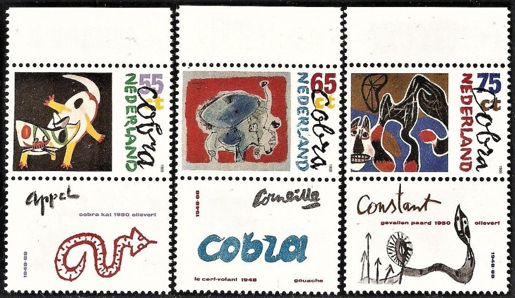 Nederland 1408-1410 serie met tab boven Cobra beweging., Postzegels en Munten, Postzegels | Nederland, Verzenden, Postfris