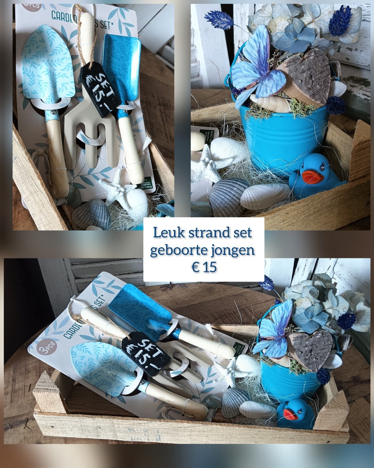 Geboorte jongen Tuinsetje blauw met emmer bloemstukje, Ophalen of Verzenden, Nieuw