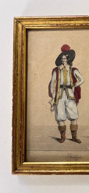 Antieke ingekleurde tekening met kostuums uit de 19e eeuw, Ophalen of Verzenden, Gebruikt