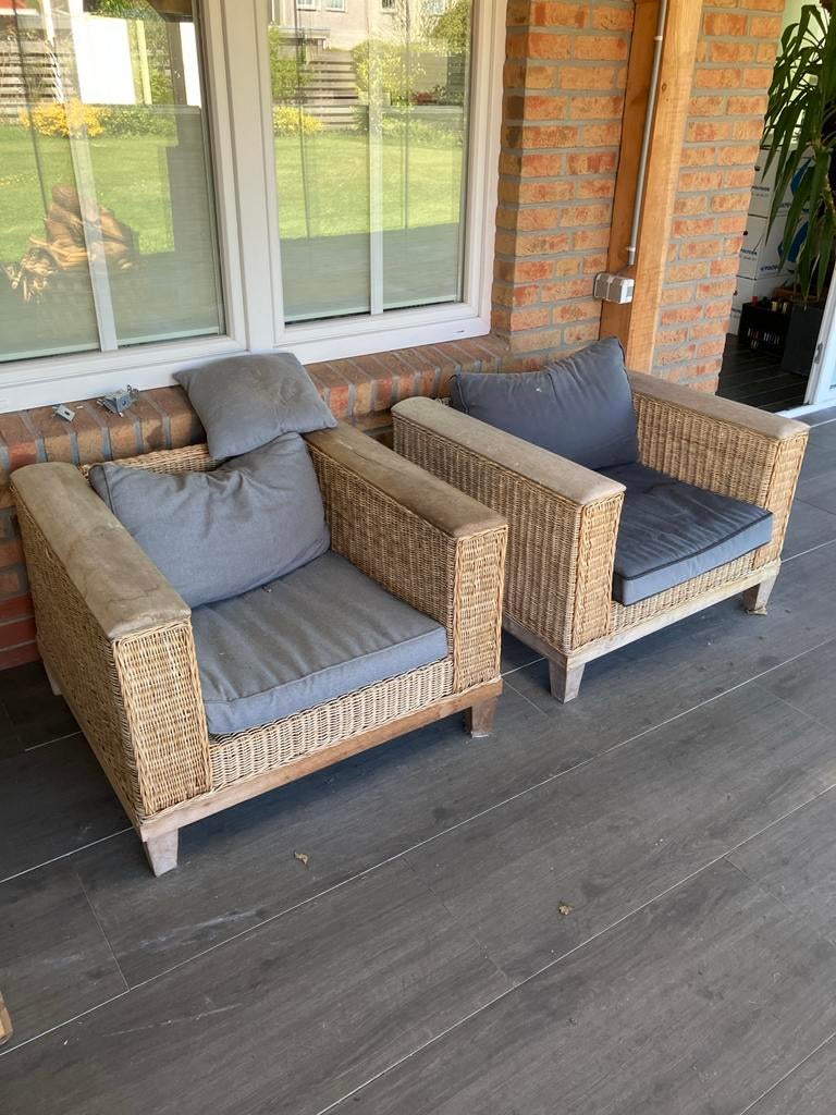 Set van 2 rotan fauteuils met grijze kussens, Ophalen, Gebruikt, Twee, Riet of Rotan