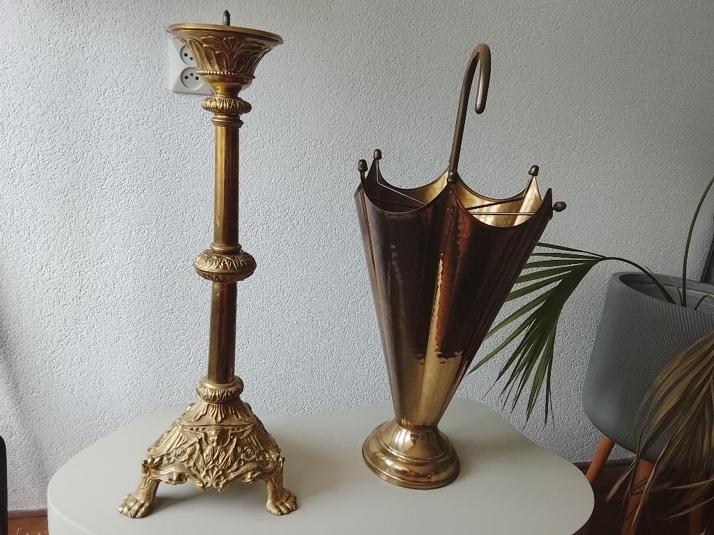 Antieke kandelaar & paraplu houder, Ophalen of Verzenden, Koper of Brons