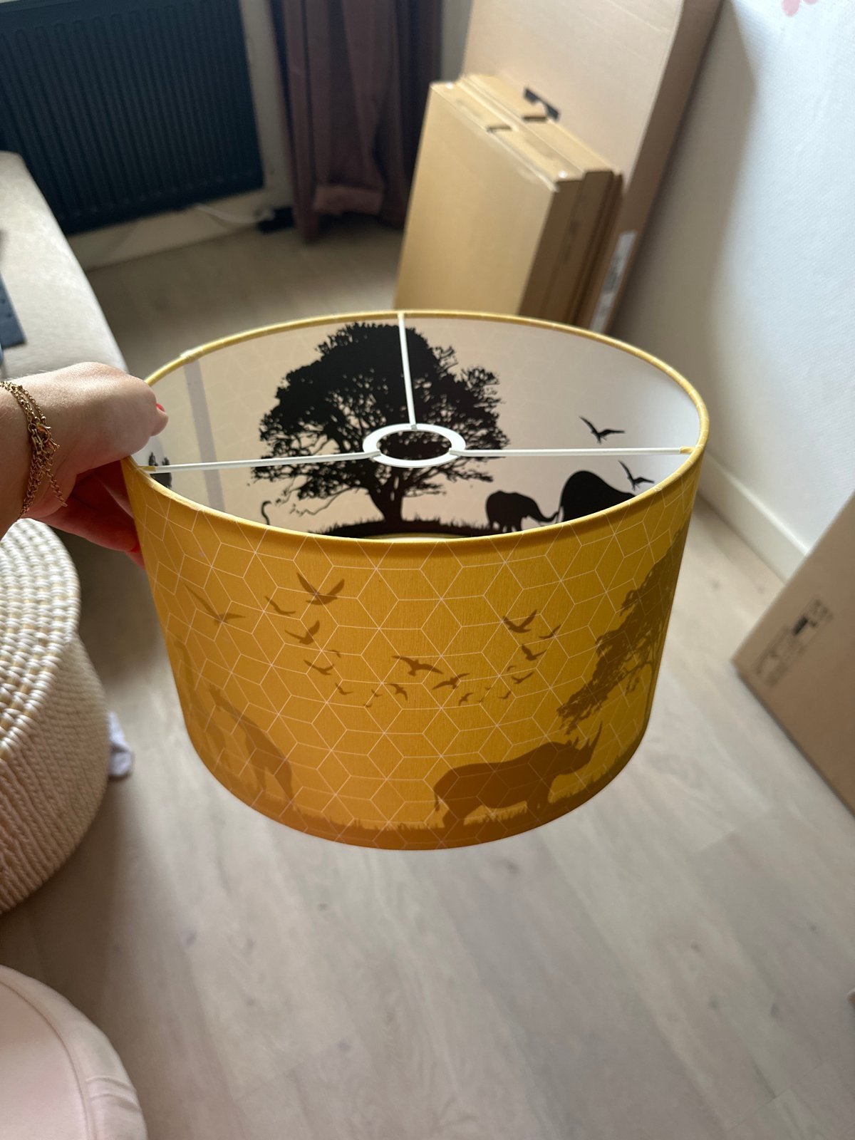 Lampenkap met safari print - Geel, Huis en Inrichting, Lampen | Lampenkappen, Ophalen, Gebruikt, Overige typen, Geel