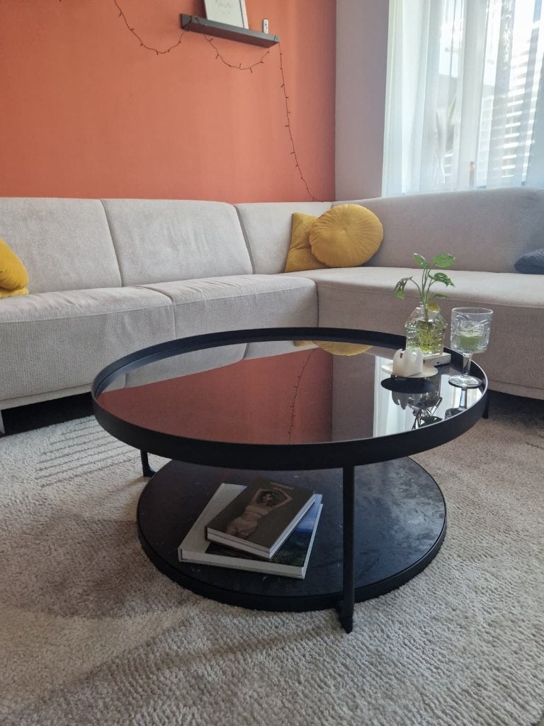 Ronde salontafel zwart glas met opbergblad, Ophalen, 50 – 75, Gebruikt, 50 tot 100 cm