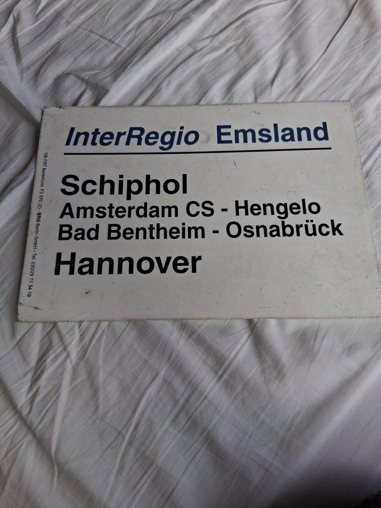 InterRegio Emsland Treinbestemmingsbord Schiphol-Hannover, Verzamelen, Spoorwegen en Tramwegen, Ophalen, Gebruikt, Trein, Overige typen