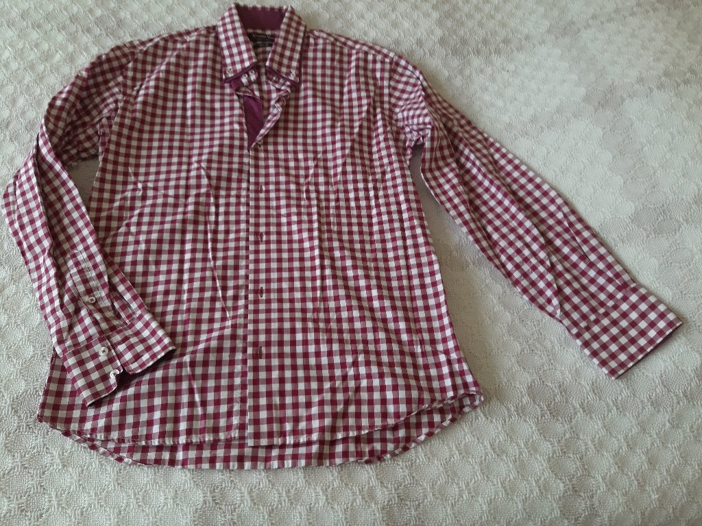 prachtig rood/wit geblokt overhemd Claude Vigo maat L, Kleding | Heren, Ophalen, Claude Vigo, Zo goed als nieuw, Halswijdte 41/42 (L)
