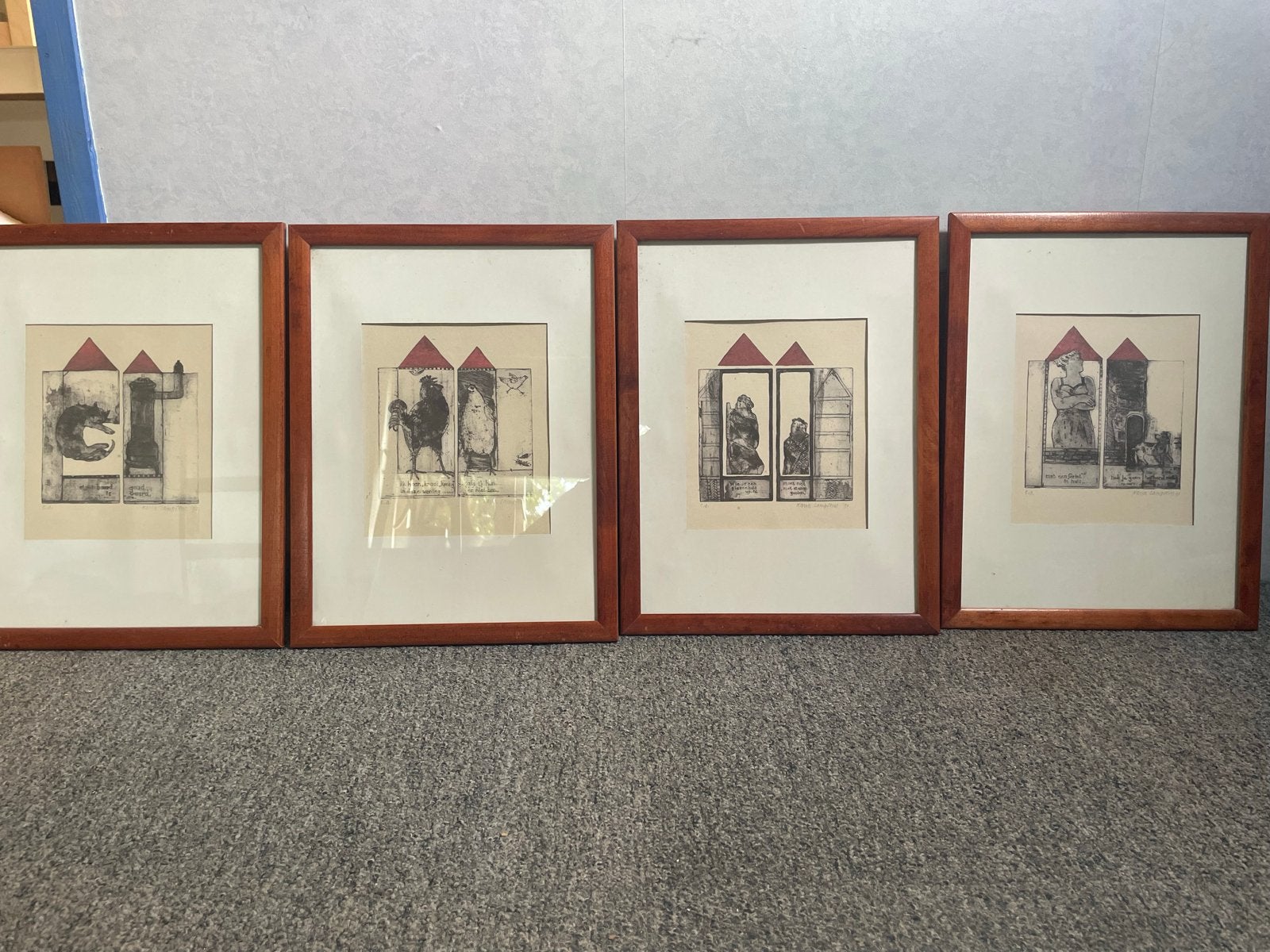 4 Etsen van Karin Campfens - Kat, haan en kip, Antiek en Kunst, Ophalen of Verzenden, 1950 - 1999, Ets, Flora en Fauna