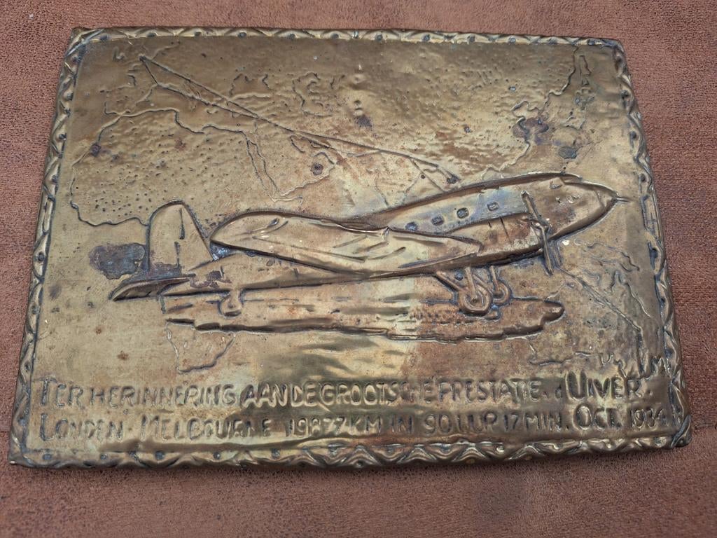 Koperen wandplaquette herdenking vlucht 'De Uiver' 1934, Ophalen of Verzenden