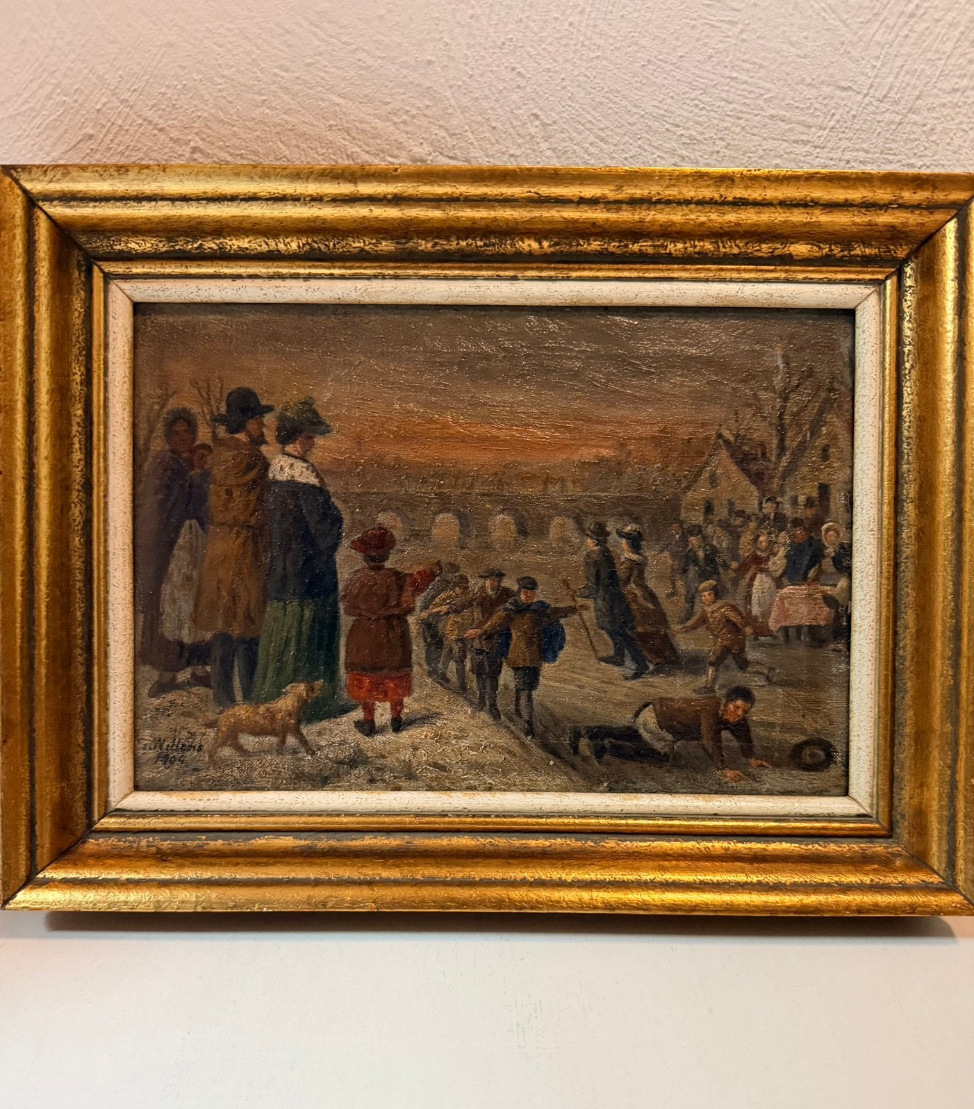 Antique 1904 Winter Ice Skating Oil Painting by J. Willems, Antiek en Kunst, Ophalen of Verzenden