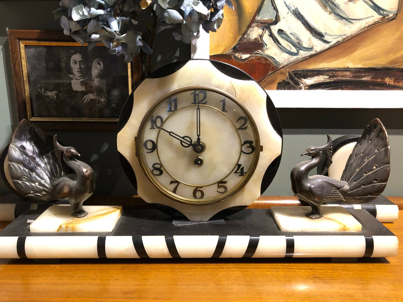 Art Deco Marmeren Klok met Pauwen, Antiek en Kunst, Ophalen