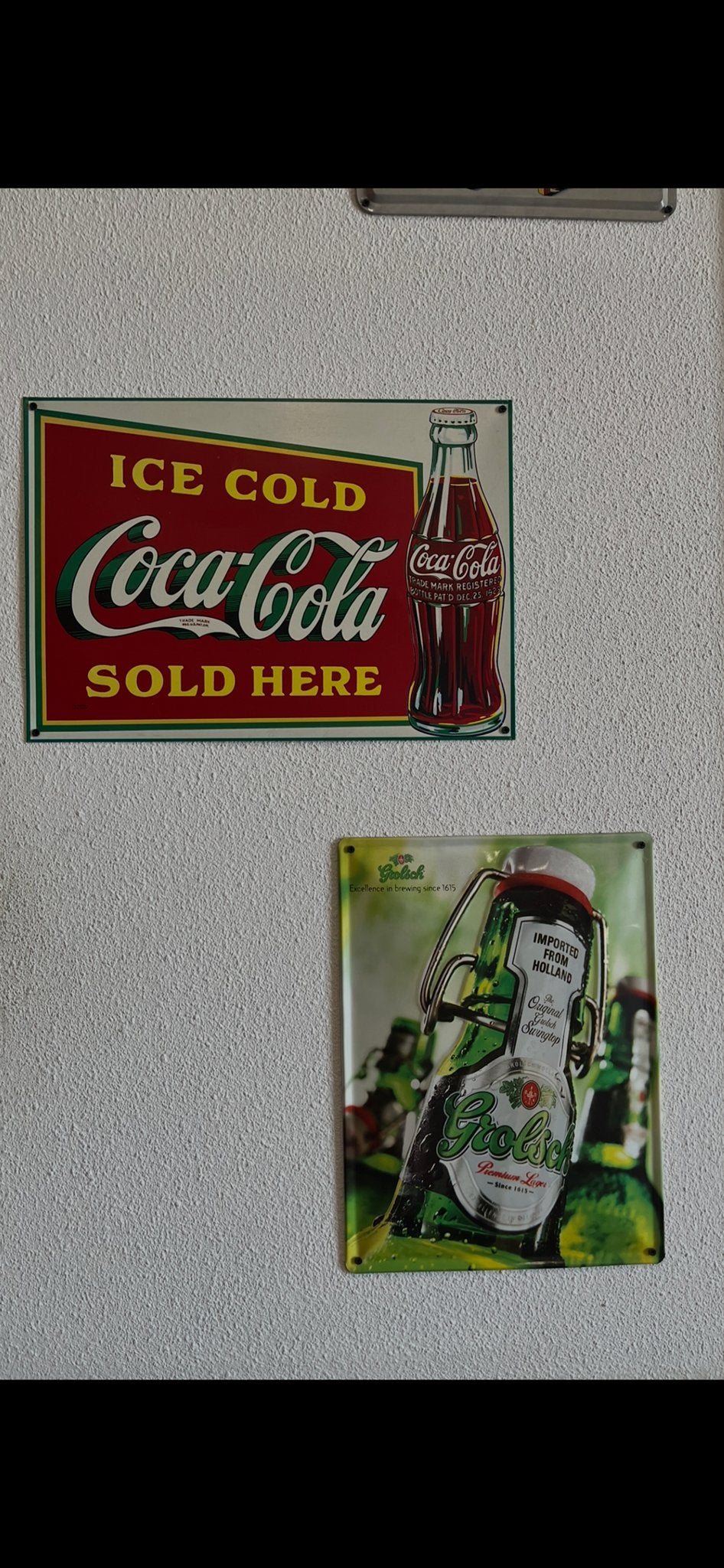 Vintage ijzeren reclameborden: Coca-Cola en Grolsch, Ophalen of Verzenden, Gebruikt, Reclamebord