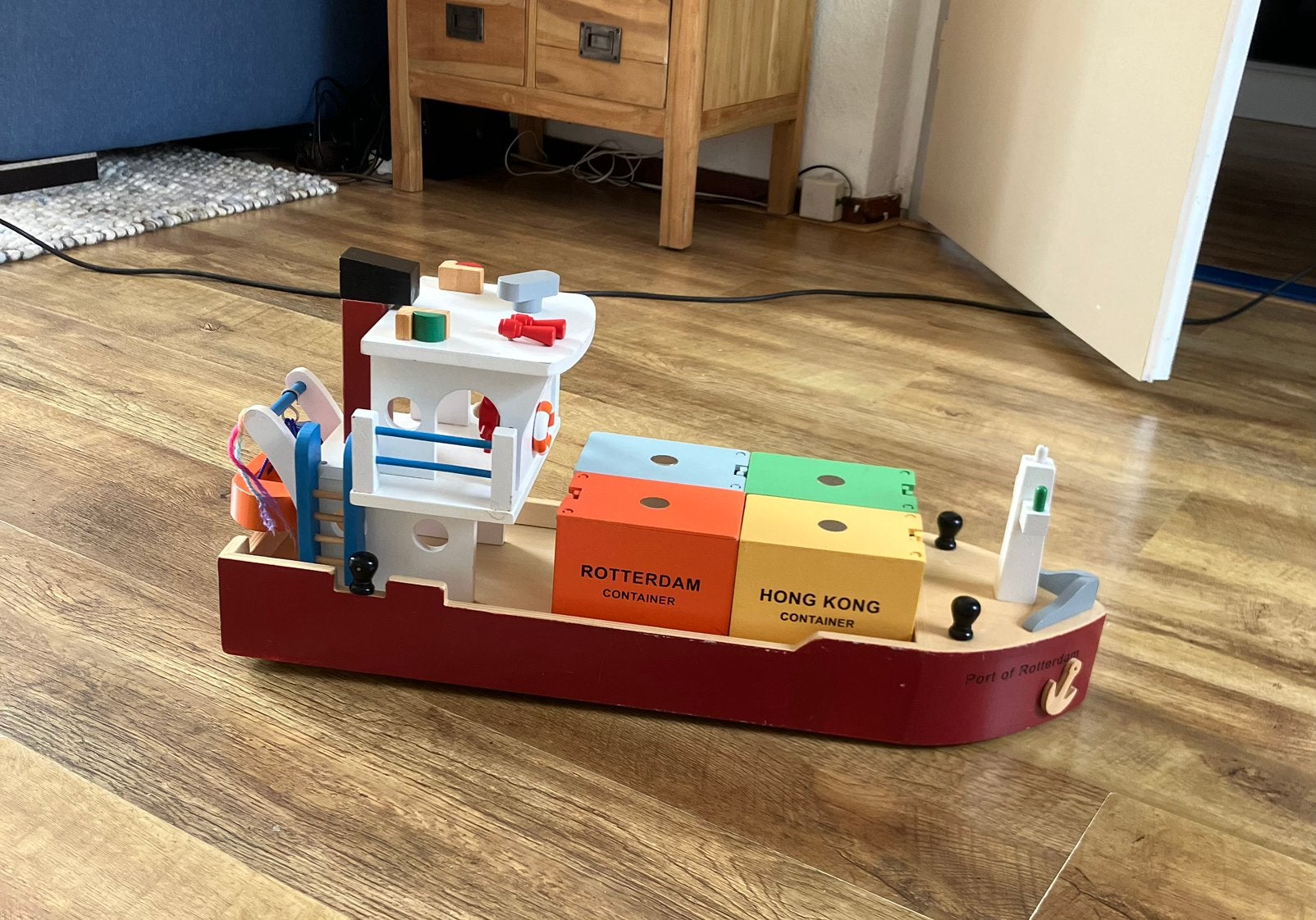 Prachtig groot houten containerschip, Kinderen en Baby's, Speelgoed | Houten speelgoed, Ophalen, Zo goed als nieuw
