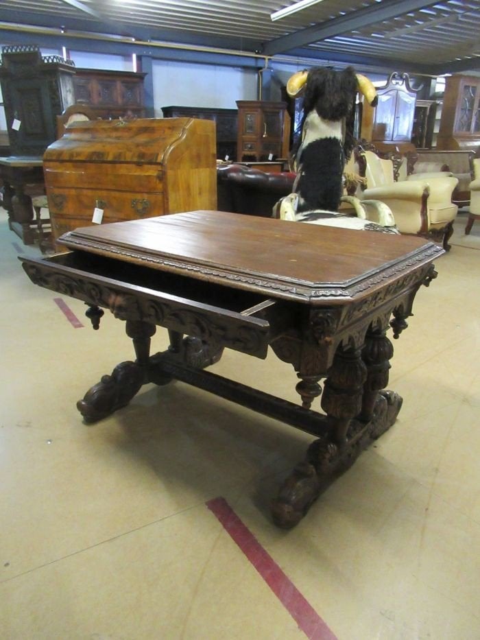 Oer 10988 ANTIEKE eikenhouten dolfijn salontafel met lade, Ophalen