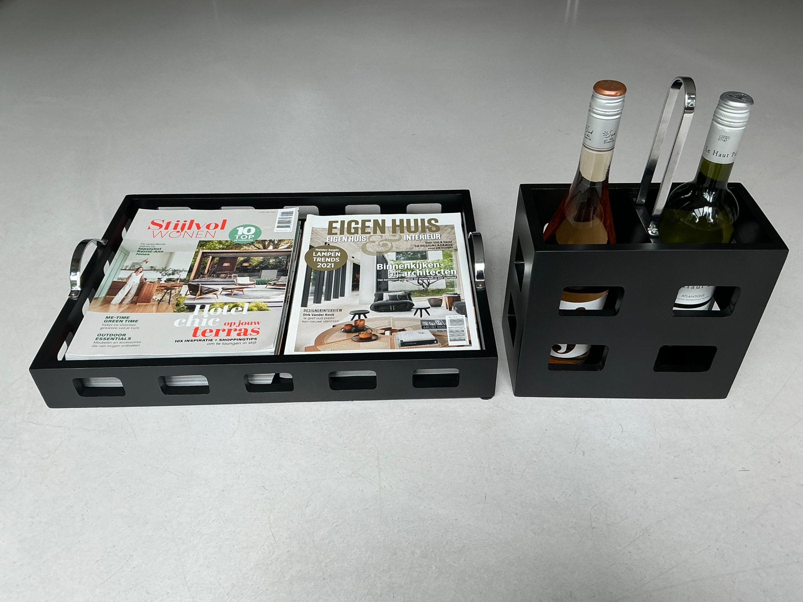 Zwart dienblad hoge kwaliteit mahoniehout+bijpassend wijnrek, Ophalen of Verzenden, Zo goed als nieuw, Metaal