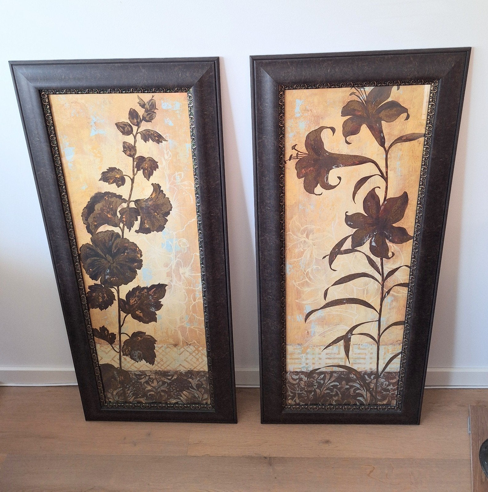 2 prachtige schilderijen met bloemen, ca. 110x50 cm, Antiek en Kunst, Ophalen, Ingelijst, Bloemen, Paneel