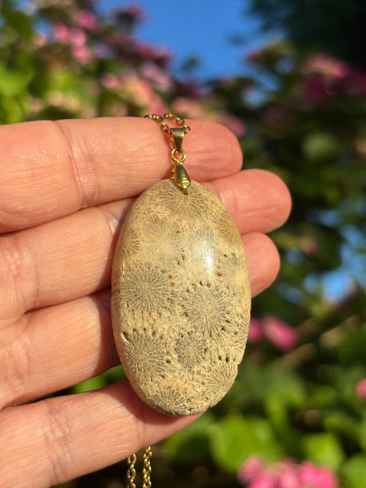 Handgemaakte Fossielkoraal Edelsteen Ketting RVS, Sieraden, Tassen en Uiterlijk, Kettingen, Beige, Nieuw, Ophalen of Verzenden