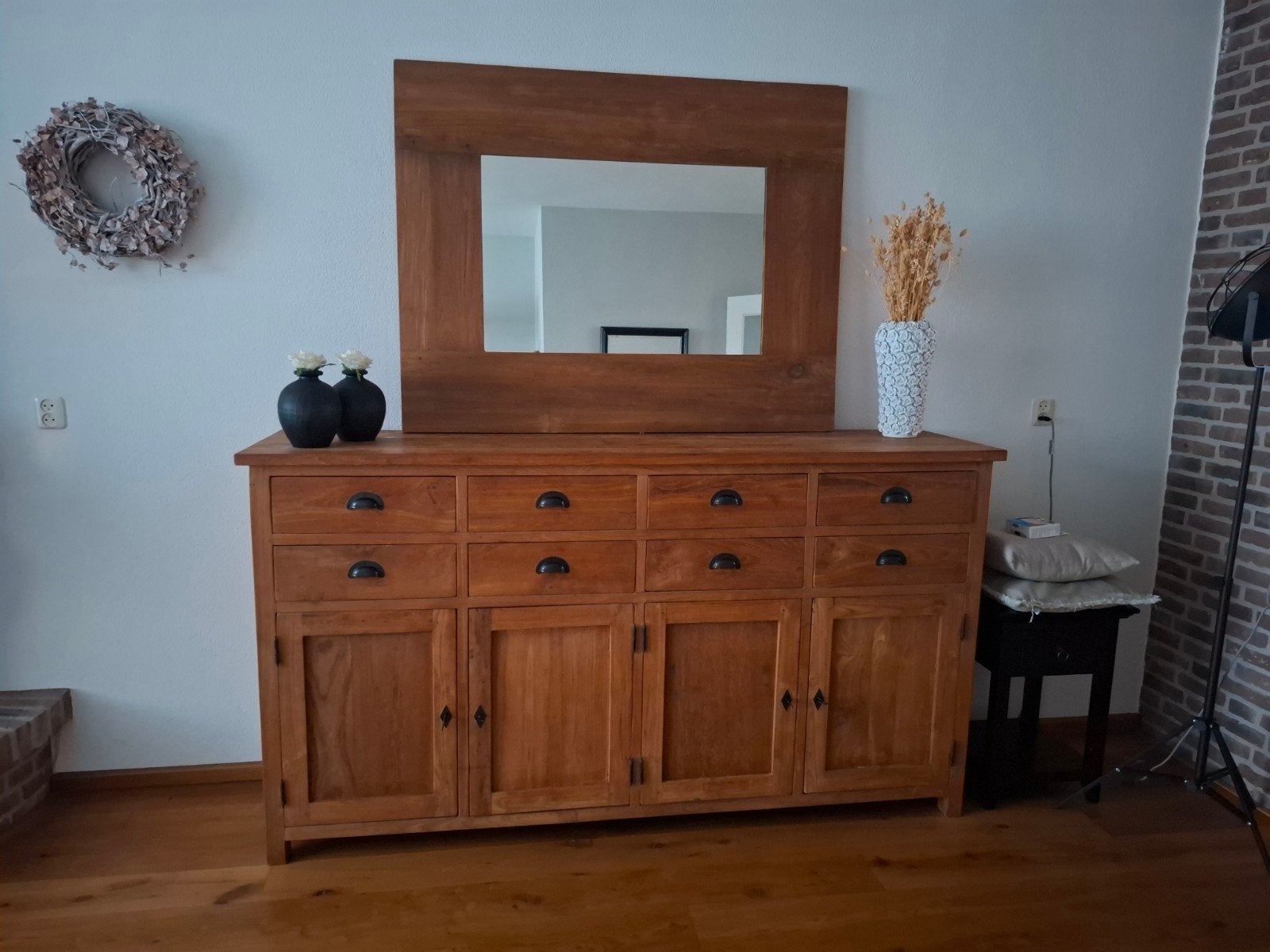 Massief teakhouten dressoir met spiegel, Huis en Inrichting, Kasten | Dressoirs, Ophalen, Gebruikt, Landelijk, 200 cm of meer