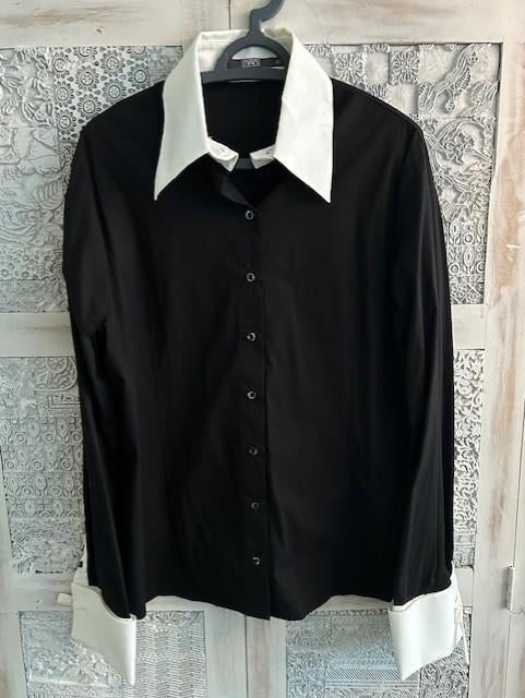 NIEUW! Blouse lm NAN zwart met witte boord strikjes mouw 46, Zwart, Maat 46/48 (XL) of groter, Nieuw, Ophalen of Verzenden