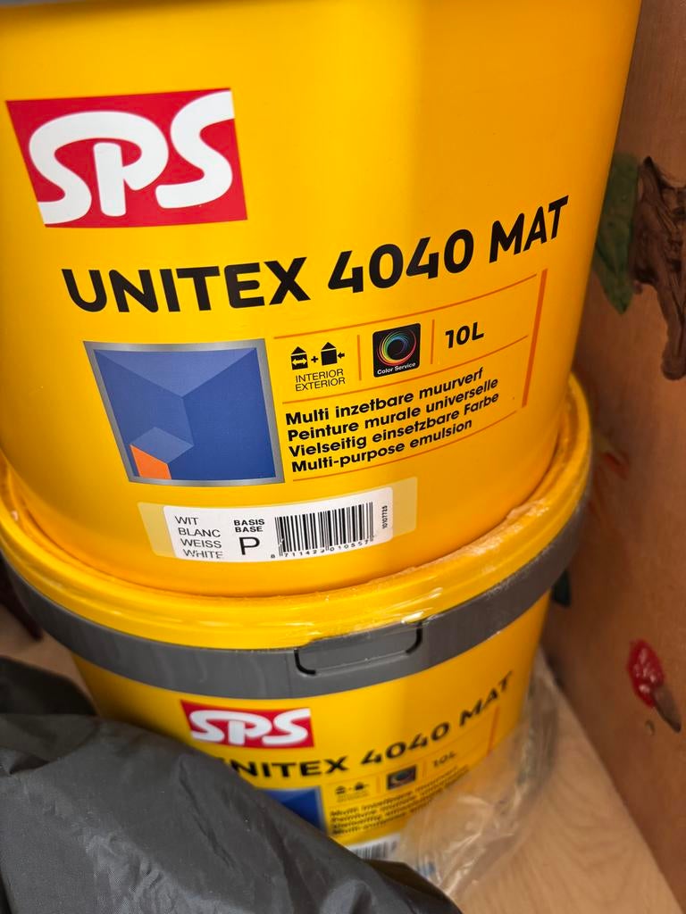 Twee emmers Unitex 4040 Mat verf 10L - Wit & Witgoudbloem, Doe-het-zelf en Verbouw, Wit, Nieuw, Ophalen of Verzenden, Verf