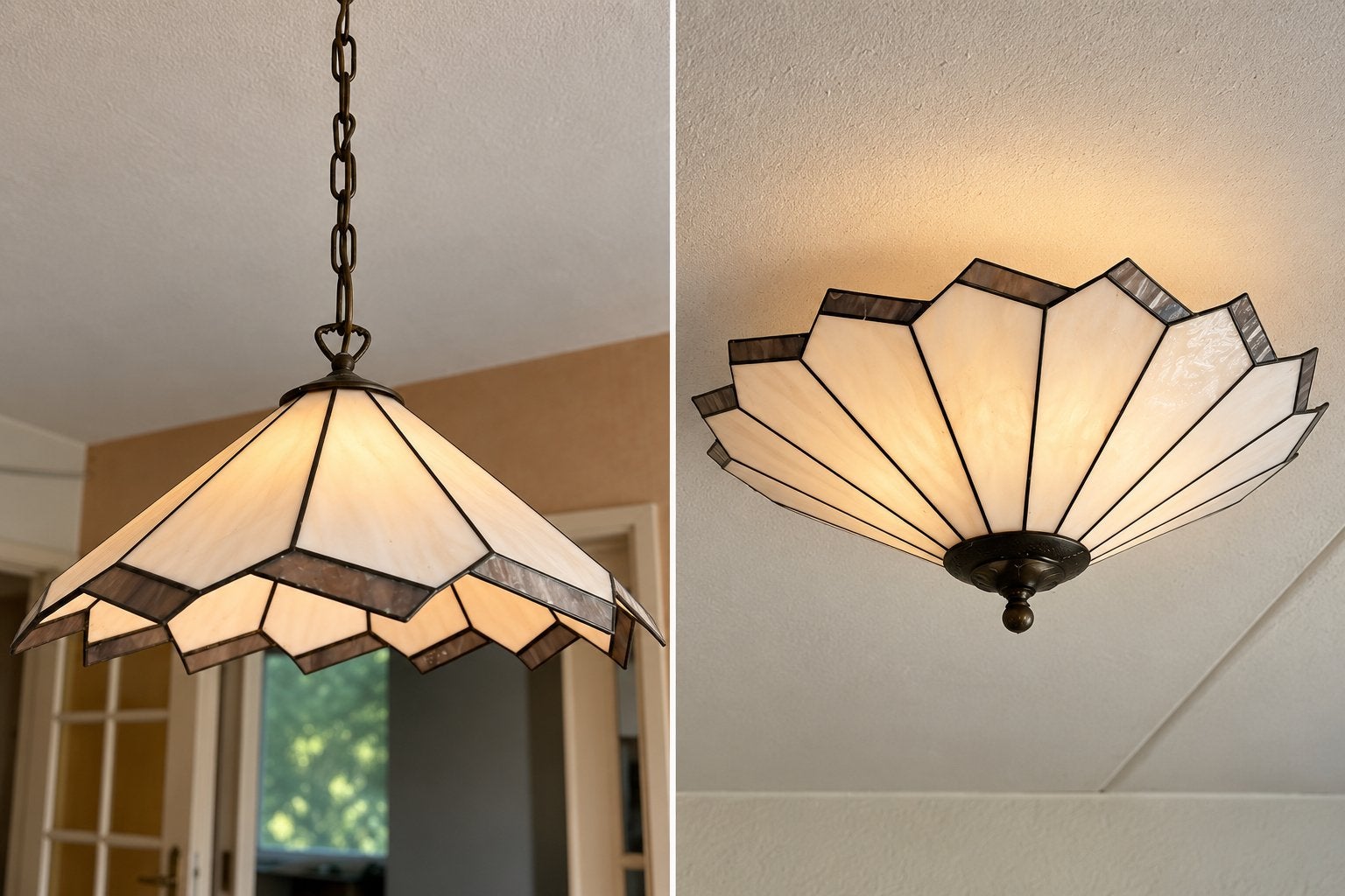 Sfeervolle Tiffany stijl lampenset: hang- en plafondlamp, Ophalen of Verzenden, Gebruikt, Glas
