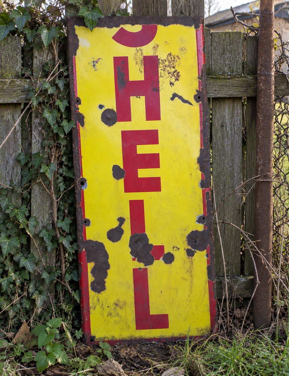 Vintage oud Groot reclamebord shell emailleboard, Ophalen