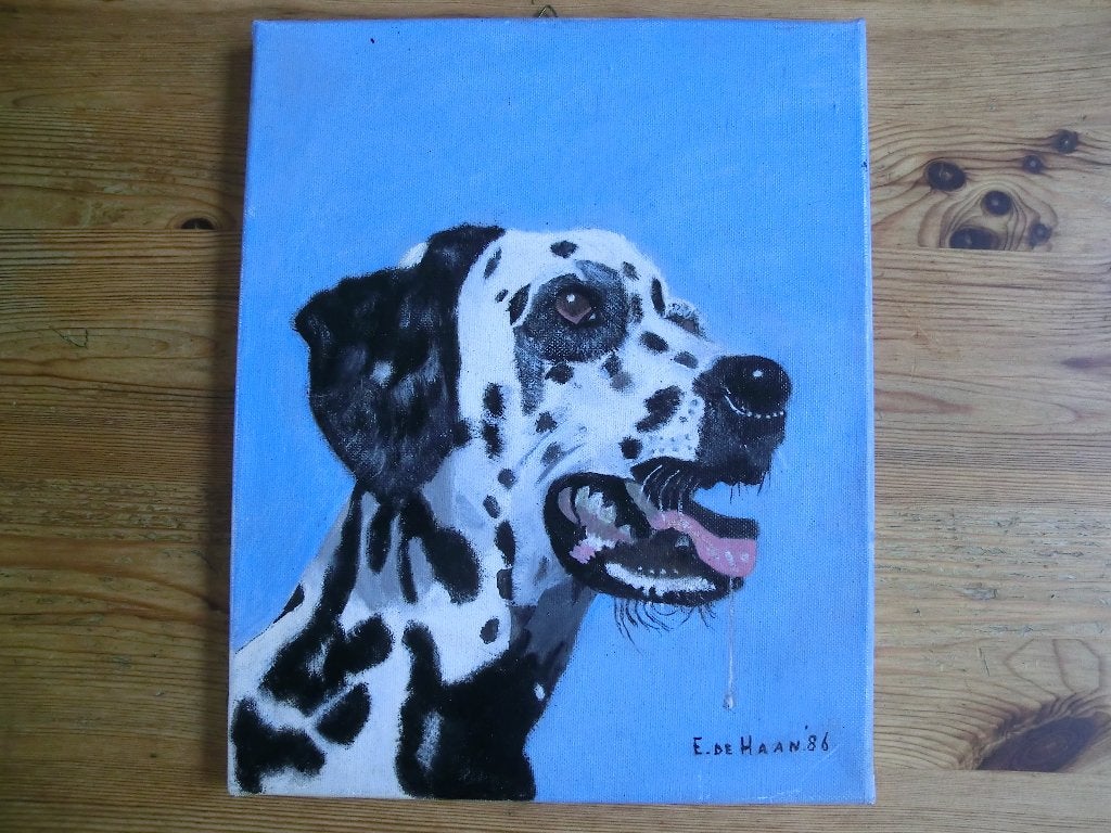 Olieverfschilderij van een Dalmatier, Antiek en Kunst, Ophalen of Verzenden