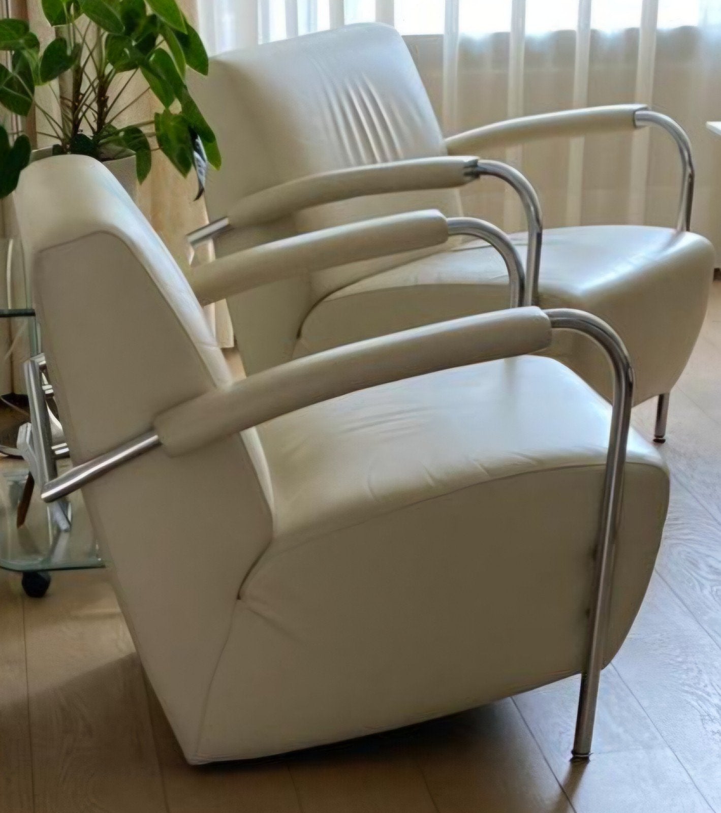 2 goede Leolux Scylla design fauteuils in leer room kleur, Ophalen, Gebruikt, Minder dan 75 cm, Minotti  stijl