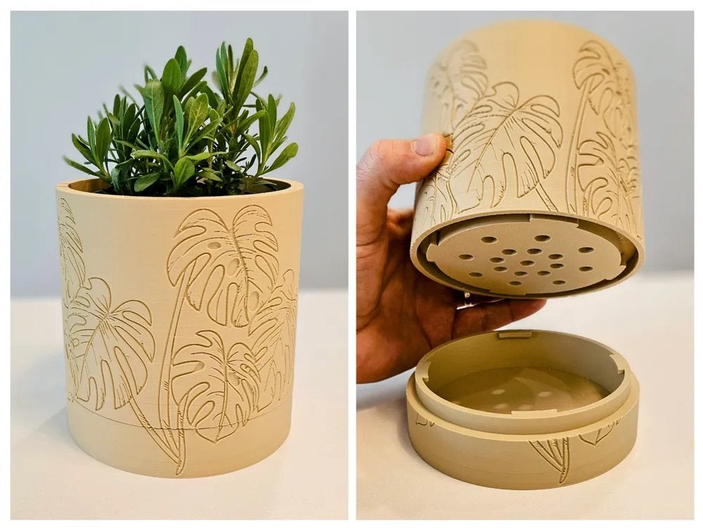 Stijlvolle plantenpot met Monstera-reliëf, Tuin en Terras, Bloembakken en Plantenbakken, Kunststof, Minder dan 30 cm, Minder dan 60 cm