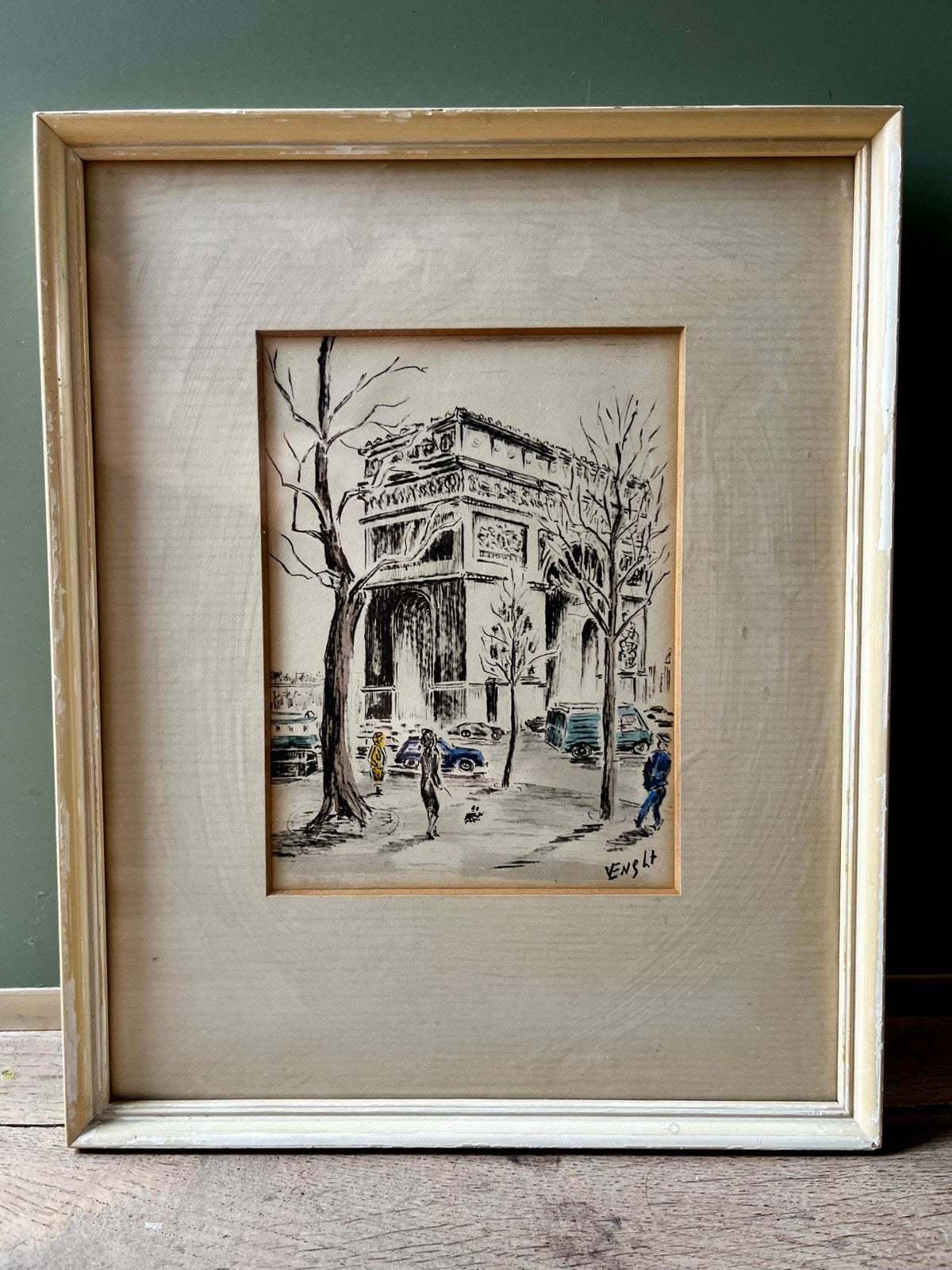 Vintage schilderij Arc de Triomphe, Ophalen of Verzenden, Schilderij, Gemengde techniek, Met ophangsysteem