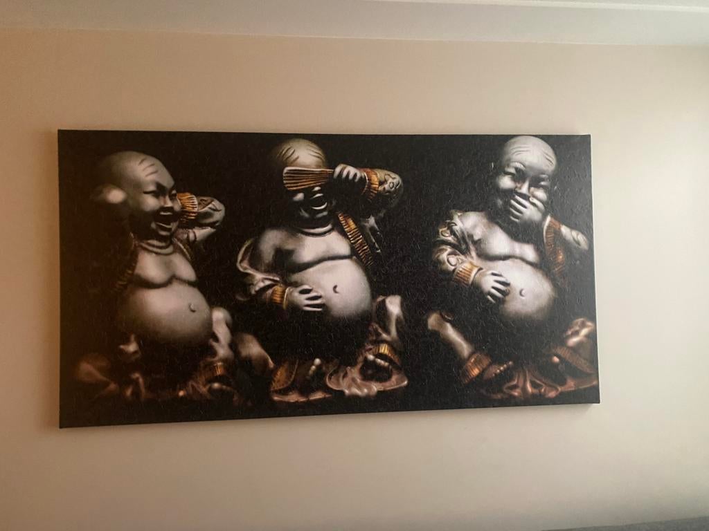 Groot schilderij met 3 boeddha,s    (zien, horen, zwijgen), Ophalen of Verzenden