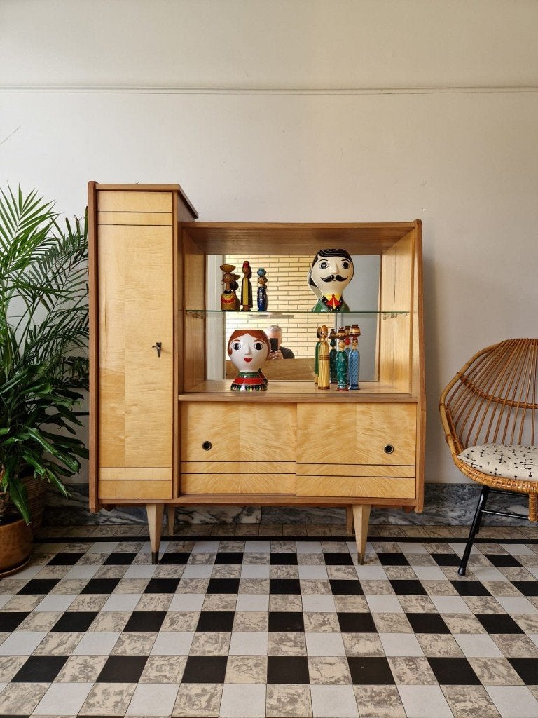 Vintage sixties vitrinekast | kast | high-board | retro, Ophalen, 50 tot 100 cm, VINTAGE, 150 tot 200 cm