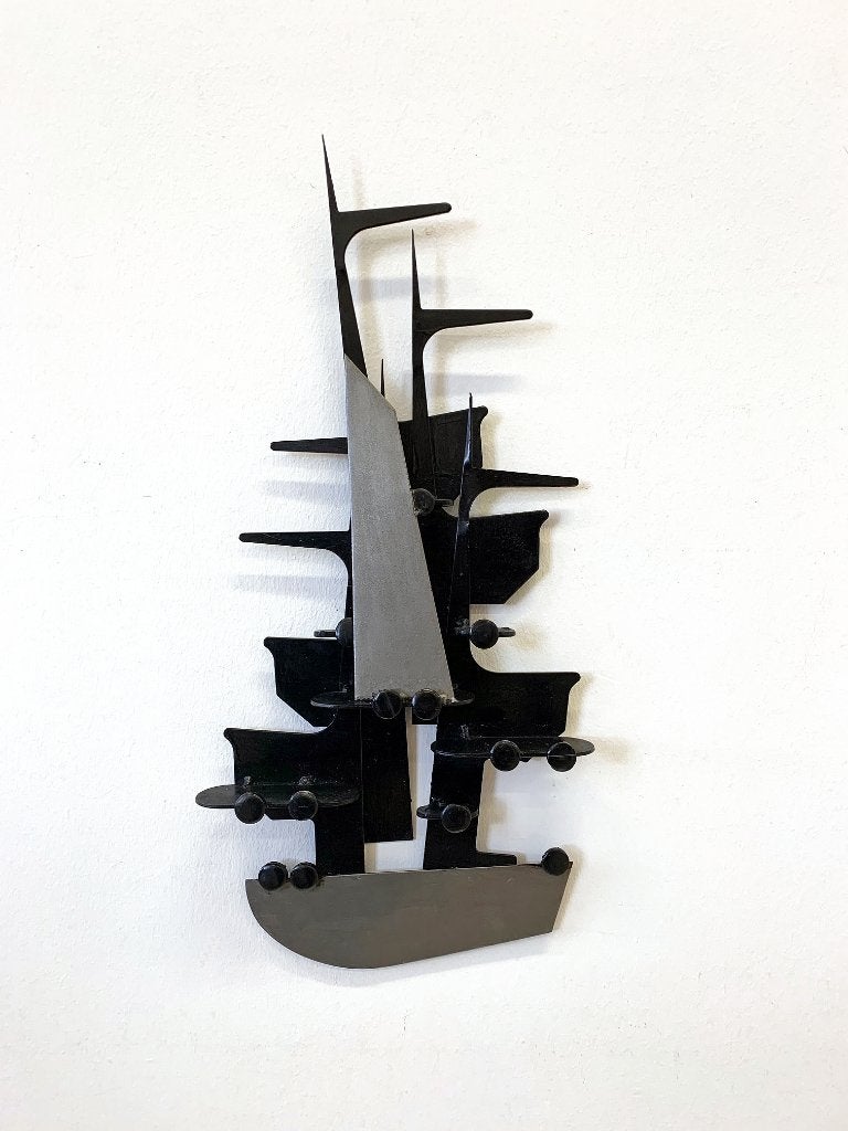 Vintage metalen wanddecoratie schip zeilboot nautisch reliëf, Metaal, Wandsculptuur, Gebruikt, Ophalen of Verzenden
