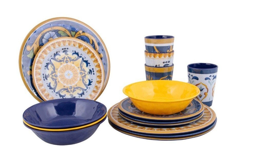 Prachtig 16-delig servies, blauw/geel, mediterraan design, Ophalen, Zo goed als nieuw