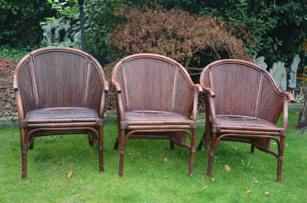 3 Vintage bamboe stoelen boho stijl jaren 80, Ophalen, Gebruikt, Rotan