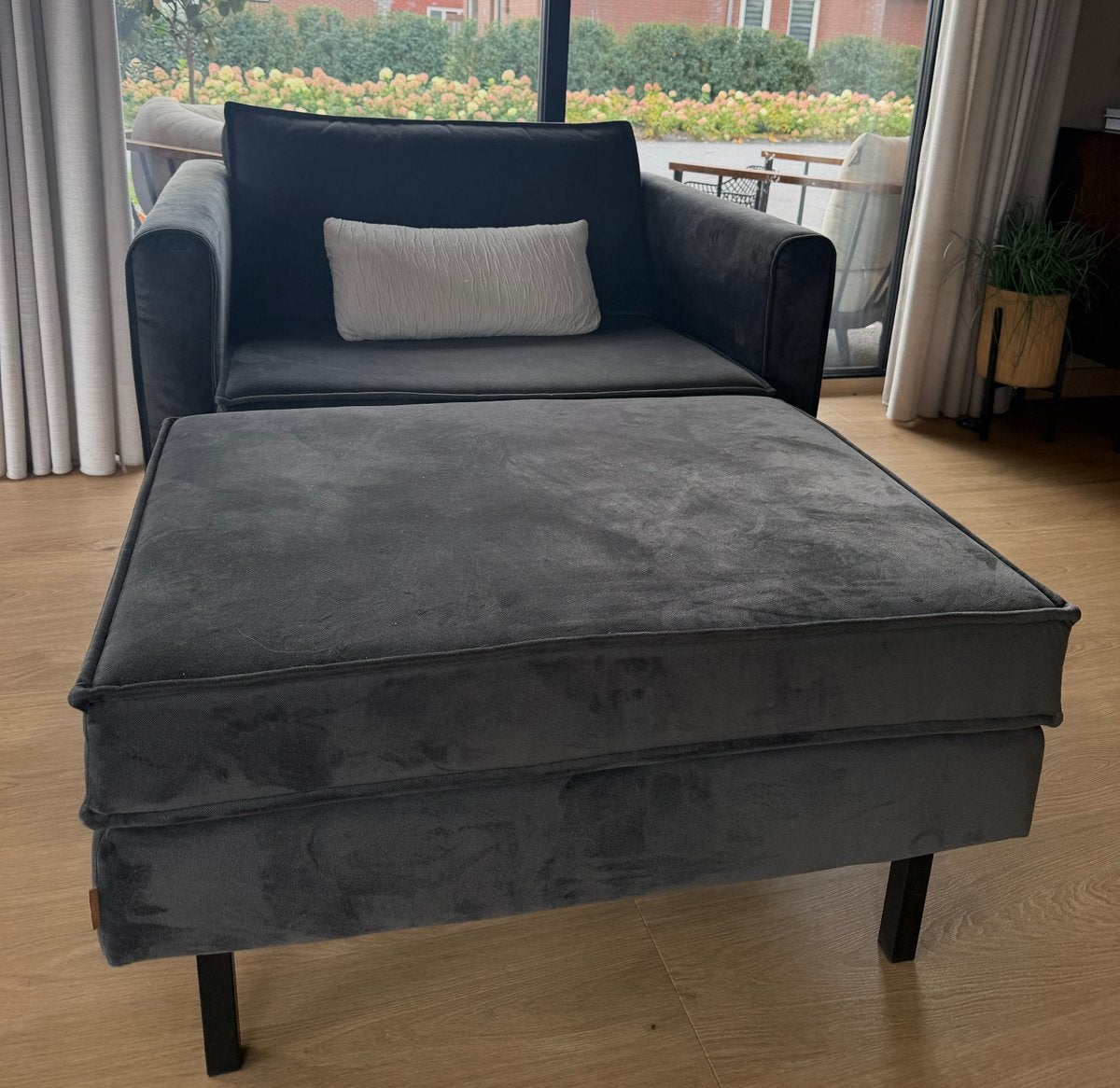 2x Sissyboy fauteuil/loveseat + hocker, antraciet velvet, Ophalen, Twee, Zo goed als nieuw, Stof