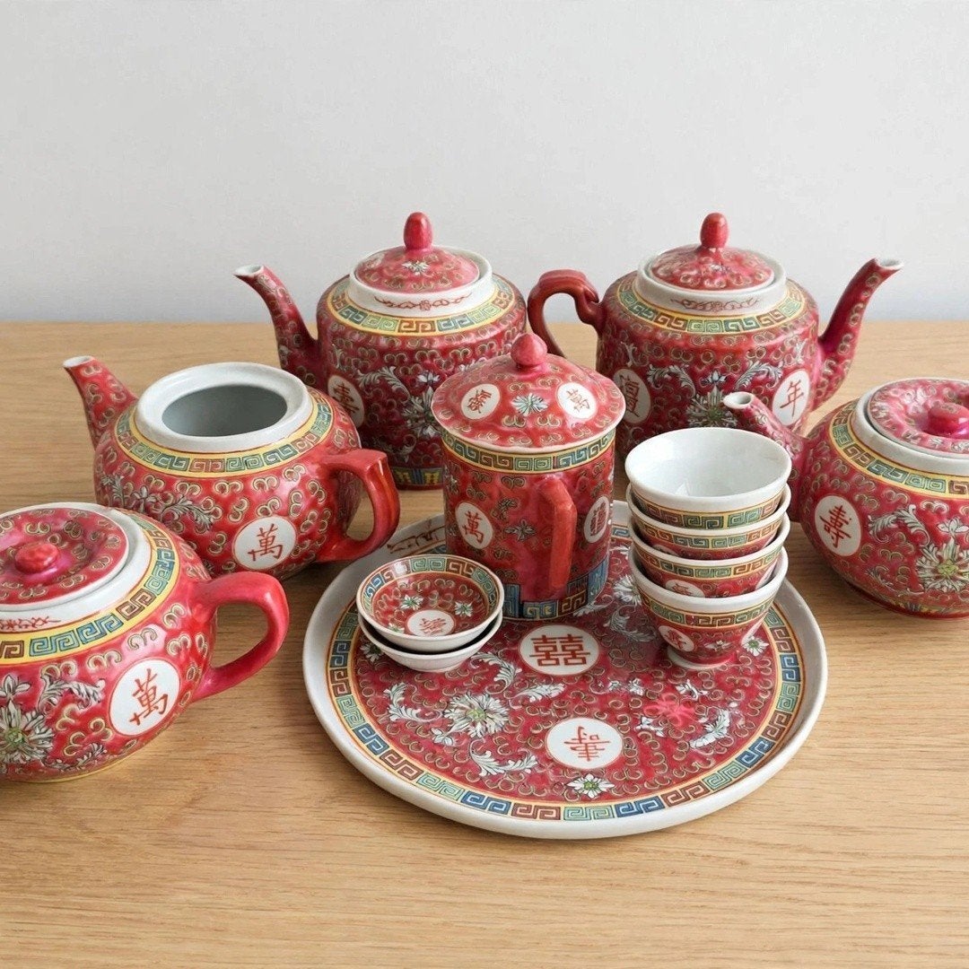 Vintage Chinees Theeservies - Wan Shou "Rood / Rose /, Ophalen