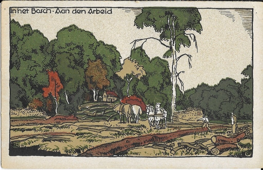 In het Bosch, Aan den Arbeid, bos, paarden, rooien bomen, Verzenden, 1920 tot 1940, Gelopen, Gelderland