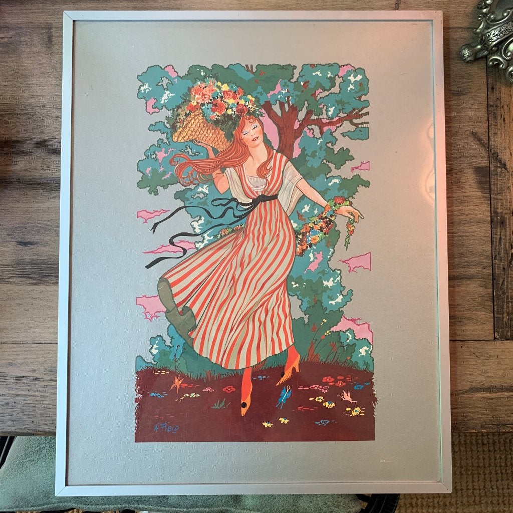 Vintage A. Field offsetdruk - Vrouw met Bloemenmand 40x50cm, Antiek en Kunst, Kunst | Litho's en Zeefdrukken, Ingelijst, Ophalen of Verzenden