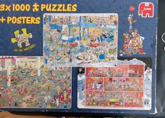 Jan van Haasteren, 3 puzzels van 1000 stukjes in een doos., Hobby en Vrije tijd, Denksport en Puzzels, Ophalen of Verzenden, 500 t/m 1500 stukjes