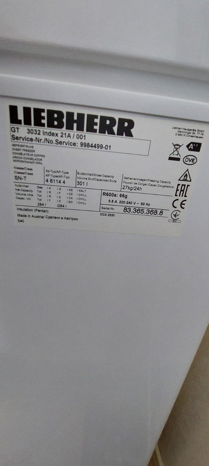 Liebherr GT 3032 Index 21A/001 vrieskist - 301 liter, Witgoed en Apparatuur, Ophalen, Gebruikt, Minder dan 85 cm, 200 liter of meer